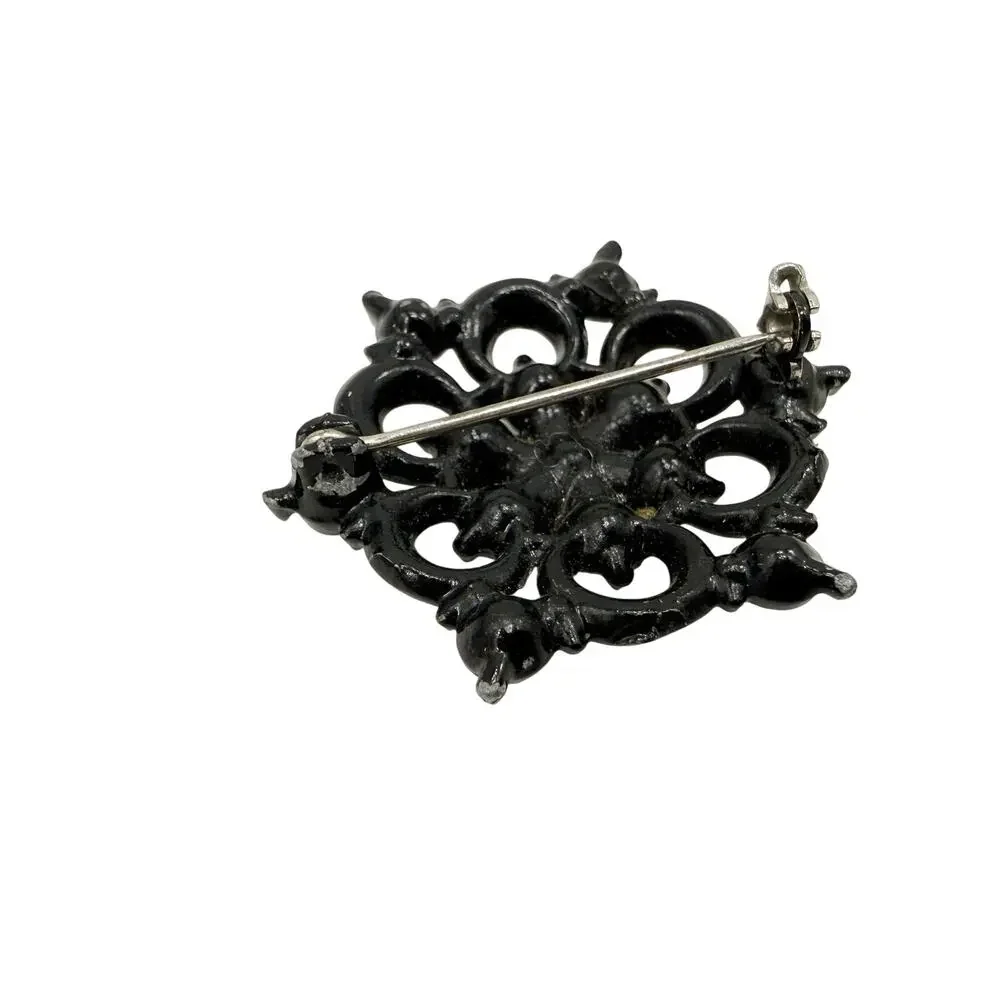 vintage black metal & clear rhinestones BROOCH jewelry pin